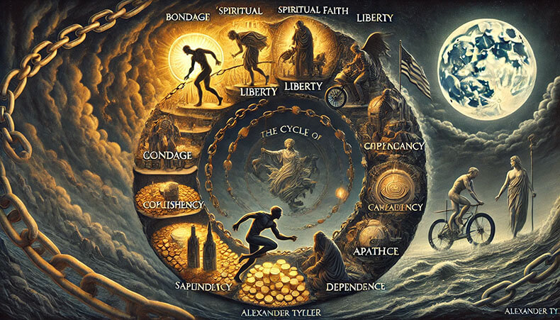 Illustration depicting the stages of 'The Cycle of Freedom' as described by Alexander Tytler, highlighting societal transitions from Bondage to Liberty and back to Bondage.