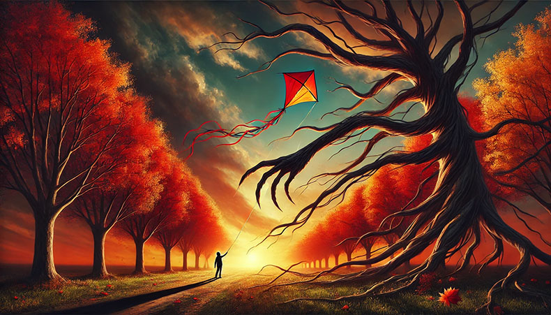 A person flying a kite near autumn trees, with a large tree grabbing the kite, symbolizing inevitable failure.