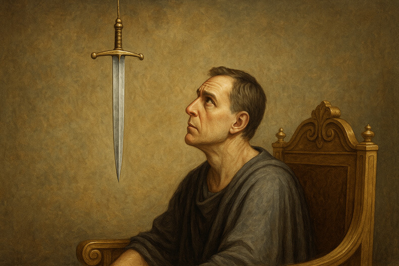 Classical painting of a worried man under the Sword of Damocles, symbolizing political and economic peril.