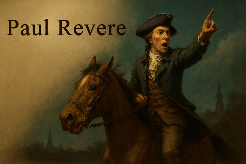 Paul Revere on horseback during his midnight ride, pointing forward with urgency against a colonial village backdrop.