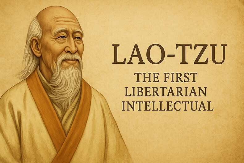 Portrait of Lao-tzu with the text “The First Libertarian Intellectual” on parchment background.