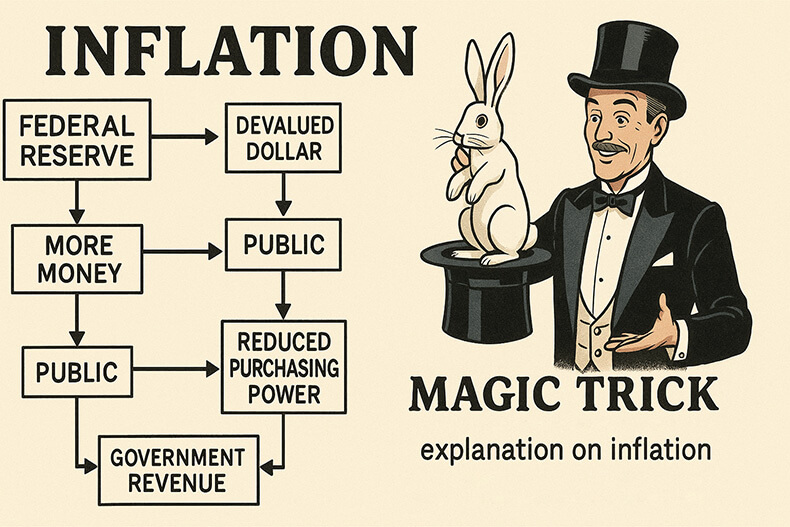 Illustration of a magician pulling a rabbit from a hat next to a flowchart explaining how the Federal Reserve creates inflation, leading to reduced purchasing power and increased government revenue.