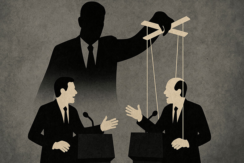 A satirical illustration of a large puppet master controlling political candidates, symbolizing hidden power structures and illusion of democracy.