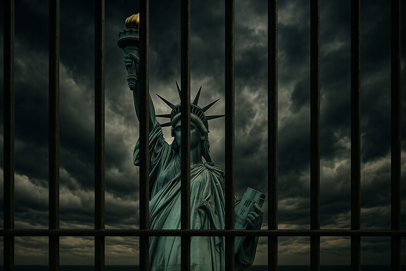 The Statue of Liberty behind prison bars under storm clouds, symbolizing lost freedoms and rising authoritarianism in America.